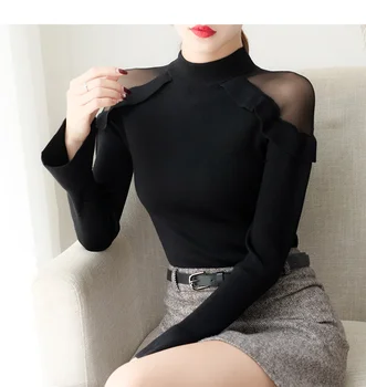 Toamna și iarna coreean Noi Ciufulit Plasă fara Bretele umăr, cu mâneci lungi Pulover Femei pe jumătate Guler Slim bottom Topuri