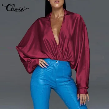 2021 Celmia Moda Femei Bluza Din Satin Cu Maneca Lunga Sexy V-Neck Tunic Elegante, Bluze Casual Solid Slik Topuri Streetwear