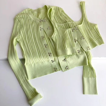 TWOTWINSTYLE Verde Tricotate Două Bucata Set Pentru Femei Guler Pătrat Veste fără Mâneci Subțire Cardigane Casual Seturi de sex Feminin 2021 Moda