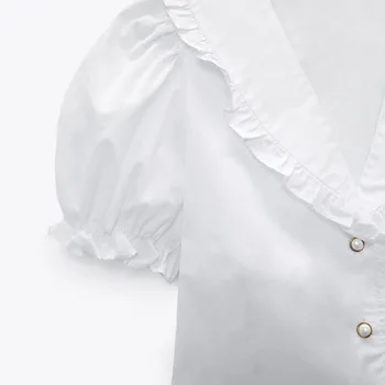 DiYiG FEMEIE 2021 vara noi de îmbrăcăminte pentru femei talie slăbire V-gat buton ornament dulce flounced cămașă albă de sus