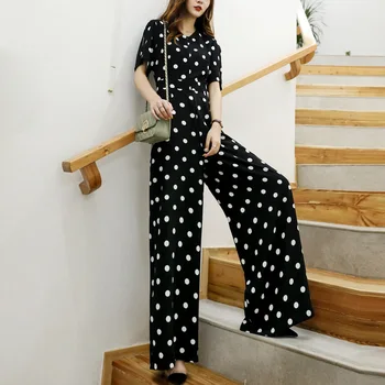 Moda pentru femei Salopeta Pentru Vara Generale de Vânzare Fierbinte Subțire Polka Dot Pantaloni Largi Picior Vrac Slăbire Jumătate Maneca Topuri Alb Negru