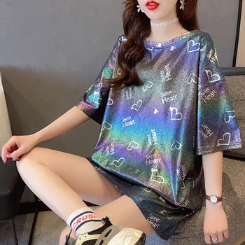 Strălucitor luminos T-shirt Supradimensionate de Vara pentru Femei Maneci Scurte Ins Vrac Mid-lungime Tricou Maneca Scurta Inima ,stele de Imprimare Topuri