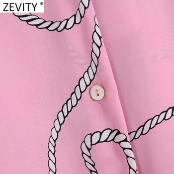 Zevity Femei Vintage Lanț de Imprimare Roz din Satin Halat Bluza Office Lady Pieptul de Afaceri Casual Camasa Chic de Brand Blusa Topuri LS9513