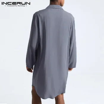 INCERUN de Culoare Solidă pentru Bărbați Haine de Rever Maneca Lunga Confortabil Butonul Homewear Halate de baie 2021 Agrement cămașă de noapte Vrac Barbati Pijamale