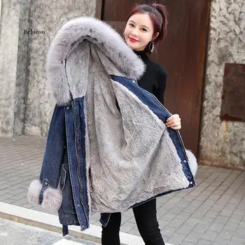 2021 Iarna Noi Femeile miel cașmir Gros Jacheta Denim Liber Palton Casual-coreean cu Glugă de sex Feminin Jean Îmbrăcăminte exterioară Topuri