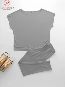Femei Casual De Vara De Culoare Solidă 2 Bucata Set O-Gat Maneci Scurte Pierde T-Shirt+Proiectare De Cordon Talie Medie Slim Pantaloni De Creion