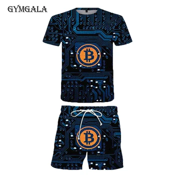 Liber maneca scurta sport pentru bărbați T-shirt, bitcoin imprimare 3D, de agrement și respirabil fitness barbati Vara plaja pantaloni scurți costum