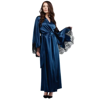 Femei camasa de noapte, halat kimono-halat de mătase pură lung din satin albastru albastru dantelă asieta alte culori pot fi personalizate