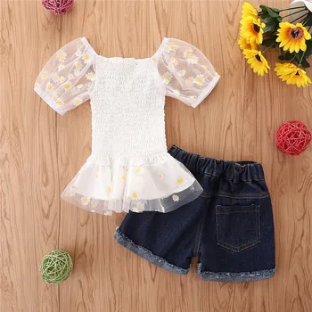 De vară pentru Copii Baby Girls Fashion Puff mâneci Flori Ruched Topuri tricouri+denim Gaura Pantaloni scurti Haine de Copil Seturi de 2 buc 9M-5Y