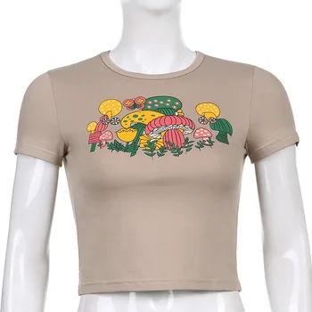 Ciuperci Tipărite Y2K Slab T-Shirt pentru Femei Vintage Harajuku Vara Estetice Trunchiate Top coreean Kaki Bumbac Tee Streetwear