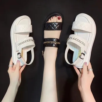 Alb Casual Lanț Gros cu talpi Femei Sandale de Vară 2021 Noi PU Piele Cataramă Pantofi de Plaja Open-toe Sandale Confortabile pentru Femei