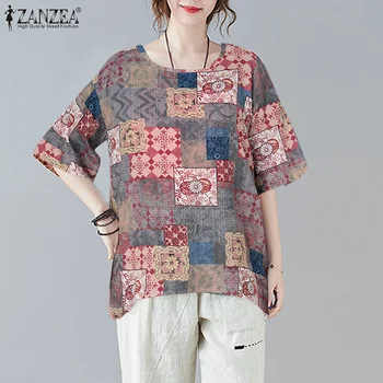Femei Vintage Topuri de Vara ZANZEA Florale Imprimare Pulover 2021 Moda Neregulate Blusa Casual Maneca Scurta Bluza Tunica