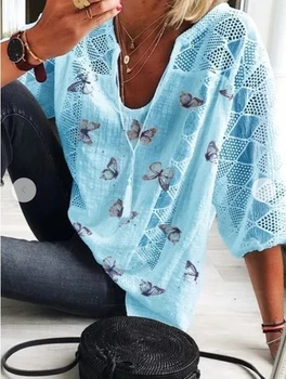 Femei Bluze Largi 2021 Vară V Gâtului Gol Afară Bluze Femei Bluza Fluture de Imprimare Cinci puncte Casual cu Maneci Femei Tricouri