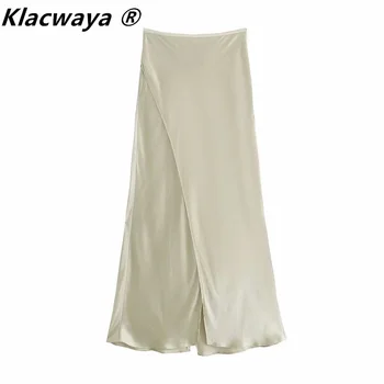 Klacwaya Femei 2021 Sexy Sling Satin De Matase Textura Top Scurt + Solid De Culoare De Epocă Talie Mare Fantă De Sex Feminin Fuste Midi Costum