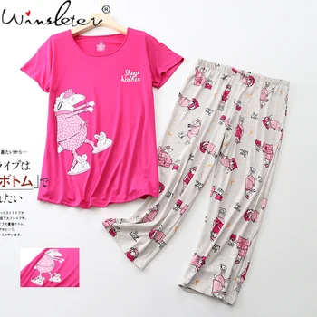 Vara Pijama Seturi pentru Femei Fete din Tricot de Bumbac Sleepwear Oi Print Plus Dimensiune 3XL Maneci Scurte 2 Buc Set Lounge Subțire T13807A