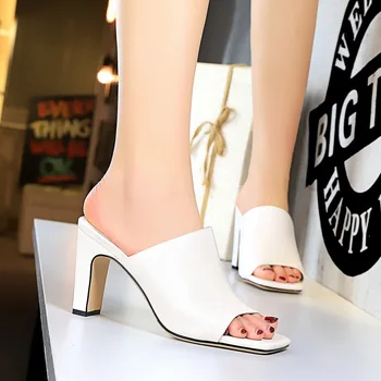 2021 Femei Catâri Galben Slide-uri de sex Feminin Gros Bloc Tocuri Pompe de Sandale Sexy Vara 8,5 cm Tocuri de Lux Peep Toe Pantofi Negri