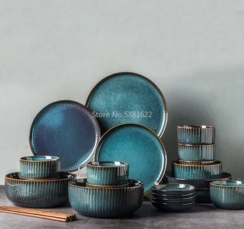 Nordic Albastru Tacamuri Set Cuptor Ceramice Glazurate Salata De Orez Rotund Farfurie Farfurie Set De Cină