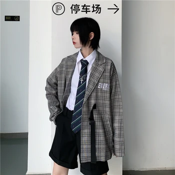 Plaid Blazer Jacheta pentru Femei 2021 Streetwear Haine de Moda pentru Fete Adolescente Japoneze Supradimensionate Costume, Bluze Brodate Sacouri