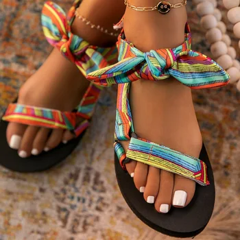 Nouă Femei Sandale De Culoare Plat Casual Dantela-Up Arc Pantofi Pentru Femei De Moda De Vară 2021 În Aer Liber Leopard Încălțăminte De Plajă Plus Dimensiune