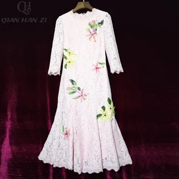 Qian Han Zi 2020 Designer de Moda Rochie de Primăvară pentru Femei Maneca 3/4 din Dantela Eleganta Slim Sirena cu Margele Lily Aplicatiile Rochie Midi
