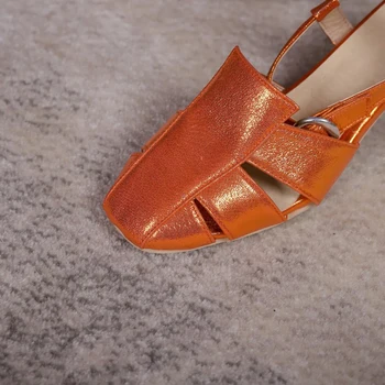 Stil Roman Mid-Sandale Toc, Deget de la picior Pătrat Conic Gros-Toc Portocaliu Sandale Șampanie Aur Vara Pantofi pentru Femei