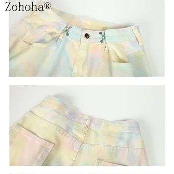 Zohoha 2021New Stil Talie Reglabila Snap Tie-dye Jeans pentru Primavara, Vara si Toamna Jeans Femei Blugi Tie Dye Lungime Completă
