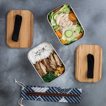Din oțel inoxidabil, cuptor cu Microunde Cutie de Prânz cu lemn Capac tacamuri Japoneză Bento Box pentru Copii de Școală Birou Portabil Recipient de Alimente