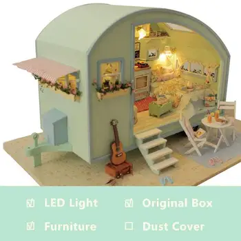 DIY Tur casă de Păpuși din Lemn de Călătorie Caravana De Timp Miniaturale Kit Doll House Muzica a CONDUS Box-Comandă Vocală Manual de Kituri Pentru Fete