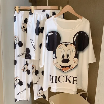 Disney Mickey Mouse-ul Drăguț Kawaii 3 Piese Set de Gheață Pijamale de Mătase pentru Femei de Vara, Pijamale Pijamale Seturi de Moda Casual Acasă Îmbrăca