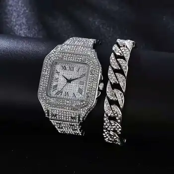 Ceas pentru Femei Barbati Lux Hip Hop Plin de Gheață Afară Ceasuri de Aur cu Cubanez Lanț de Cuarț Brățară Pătrat Set pentru Femei Reloj Mujer