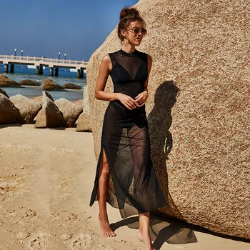 Vara Culoare Solidă Femei Sexy Rochie Fără Mâneci Gât O Beachwear Vedea Prin Split Bikini De Costume De Baie Dress Negru Gol Afară De Halatul Rochie