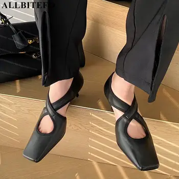 ALLBITEFO square toe din piele de brand de înaltă tocuri retro femei, pantofi femei, pantofi cu toc alons hauts femme pantofi cu toc