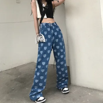 Harajuku Blugi Femei Dragoste Model Drept Largi Picior Pantaloni Talie Mare Libertate Y2k Blugi Streetwear Grunge Pantaloni Din Denim