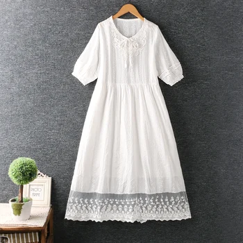 Vara noi de îmbrăcăminte pentru femei mici proaspete gât rotund dantelă despicare alb cu maneci scurte talie vrac rochie yybao