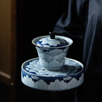 Fugui Bujor Albastru și Alb Portelan Set de Ceai Chinezesc Retro Ceainic Gaiwan Set Acasă Portelan Kung Fu Set de Ceai Set de Ceai Chinezesc