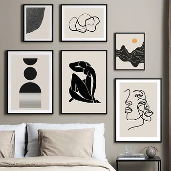 Trendy Abstract Creative Minimalist Linie Negru Bej Arta de Perete Panza Pictura Poster Imprimare Imagini pentru Living Decor Acasă
