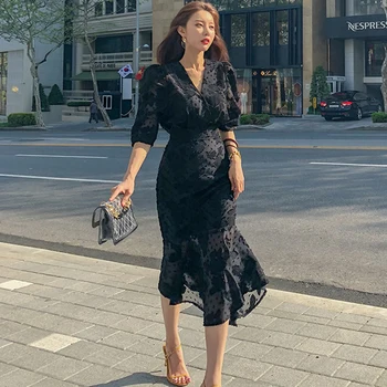 De vară 2020 Stil coreean Doamne de Birou Midi Rochie Sirena Femei Sifon Maneca Trei Sferturi rochie Bodycon Volane Rochii de Petrecere