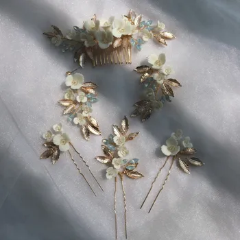 Delicat Ceramică Floare Pieptene De Par Mireasa Ace Foita De Aur De Bijuterii Handmade Nunta Caciula Pentru Femei De Moda Mesa