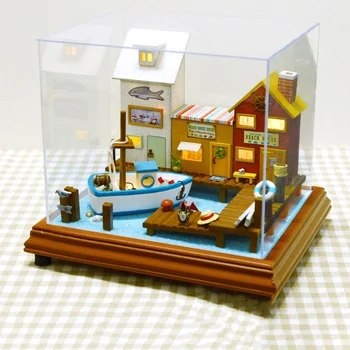 DIY Miniaturi din Lemn Kituri de case Papusa Mobila Ocean Orașul Villa Camera cu Lumina Păpuși Casa Jucarii pentru Fete Xmas Cadouri