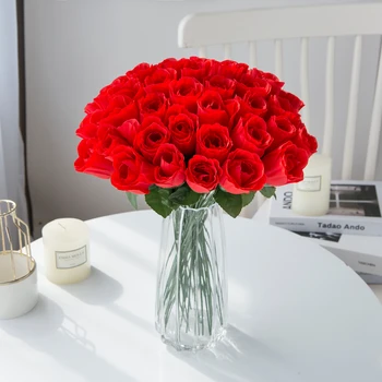 10BUC Mătase Roșie Buchet de Trandafiri Vaza pentru Decor Nunta Gradina Decorative Coroane de flori False Plante en-Gros de Flori Artificiale Ieftine