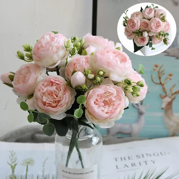 1 Buchet de 5 capete de Flori Artificiale Bujor Ceai de Trandafiri de Toamnă Mătase Flori False pentru DIY Living Home Garden Decor de Nunta
