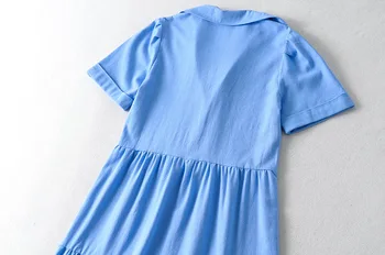 Noi 2021 Vara Femei Vintage Lenjerie De Albastru Cutat Rochie Camasa Casual Cu Maneci Scurte Solide În Vrac Midi Rochii Lungi Doamnelor Vestidos