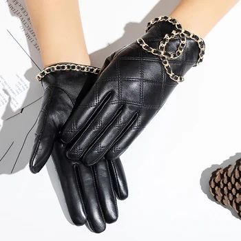 Retro Femei Reale Mănuși din Piele de Moda Lanț de Metal Touch Screen de Înaltă Calitate Oi Mănuși de Piele Pentru Femei-Negru