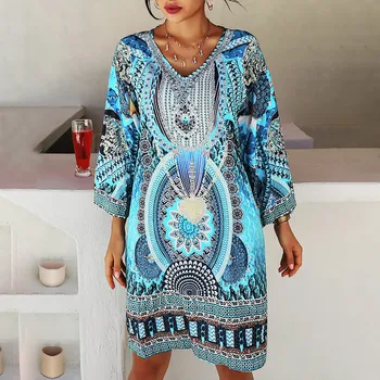 Haine de vară Pentru Femei de Moda Rochie cu Maneci Lungi V-neck Imprimate Rochie Mini Casual Sukienka Летние Платья 2021