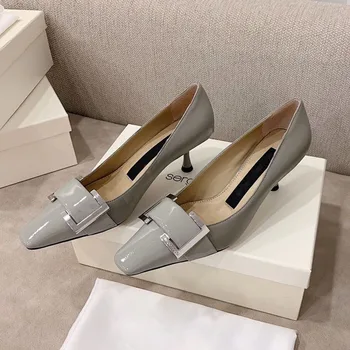 Nou Elegant Square Toe Stilet Pantofi Femei Din Piele De Brevet European, American Pătrat Cataramă Moda De Lux, Sexy Mici Toc Pompe