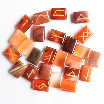 En-gros 25pcs/lot roșu Natural de onix Viking Rune Amuleta Set Reiki de Vindecare Cristale Divinație Scazut dreptunghi Pietre gratuit