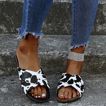 Moda Vaci Print Papuci Pentru Femei Vara Sandale Cu Deget De La Picior Deschis Doamnelor Pantofi Cu Tocuri Joase Plajă, Tobogane Femei Flip Flops
