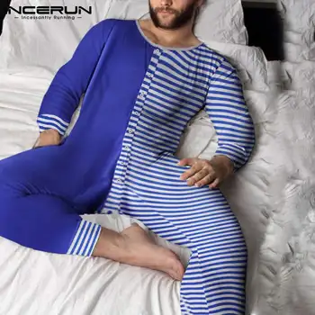 INCERUN Bărbați, Pijamale, Salopete cu Dungi Mozaic Homewear Fitness Romper O Gatului Maneca Lunga Confortabil de Agrement Pijamale Salopete S-5XL