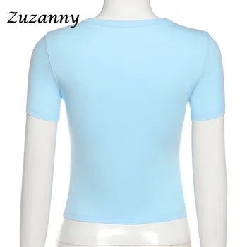 Zuzanny O de Gât Print Albastru Drăguț Crop Top pentru Femei Maneci Scurte 2021 Casual de Vara de Bază Tricouri Sexy Y2K Topuri Streetwear