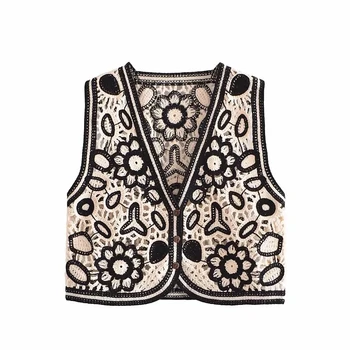 Za Femei 2021 Moda Broderii Florale Trunchiate Pulover Tricotate Vintage V Gâtului Fără Mâneci Femei Cardigan, Vesta Chic Topuri